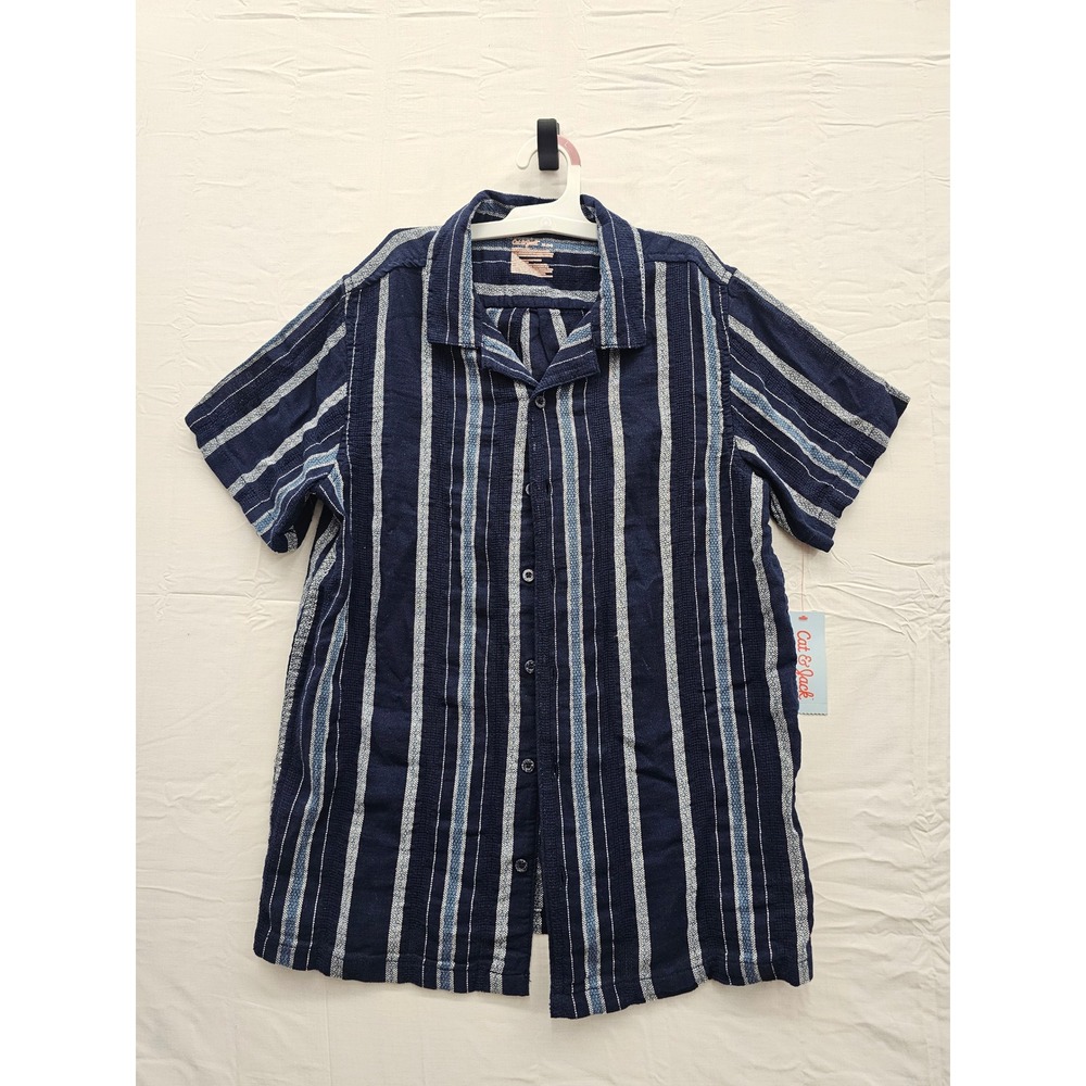 Cat & Jack Boys Striped Short Sleeve Shirt Blue Cotton Linen Casual Size XL